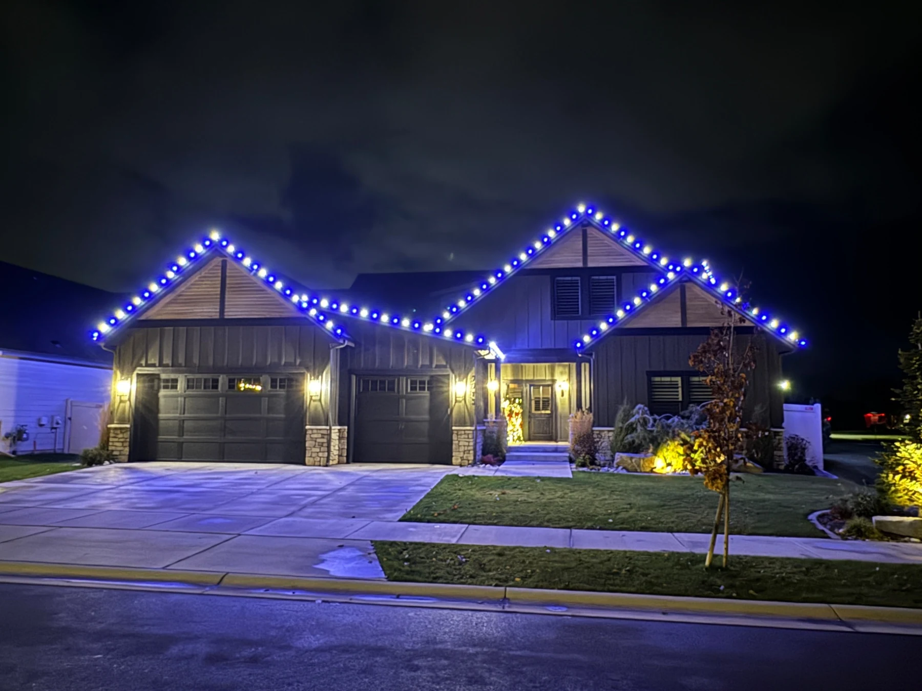 Blue and white Christmas light installation
