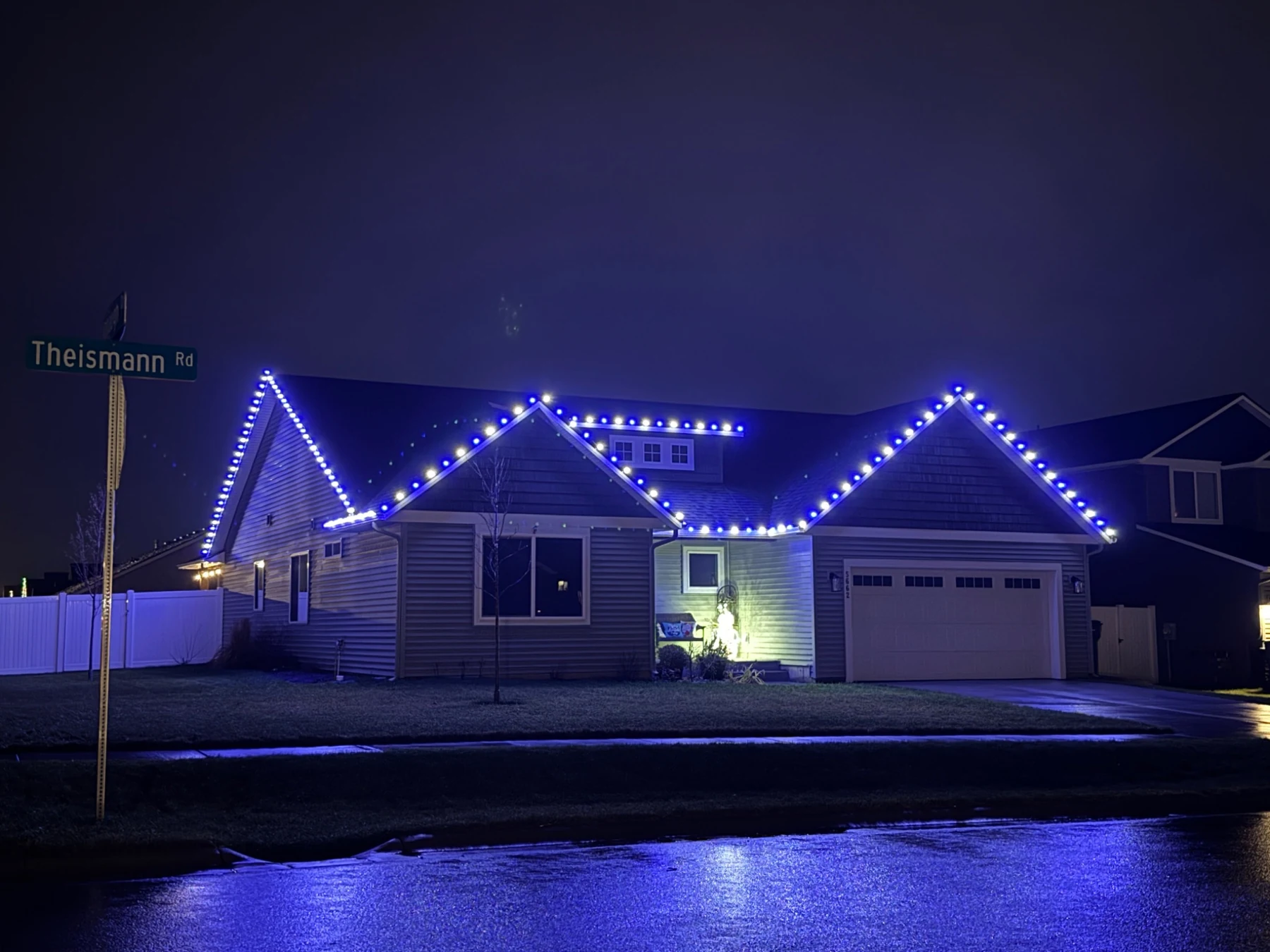 Blue and white Christmas light installation